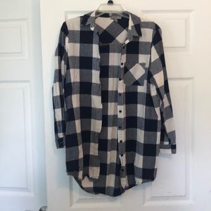 navy and white buffalo plaid button up